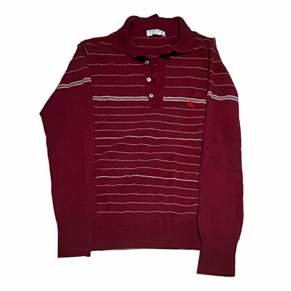 Vtg Montagut International Men's Burgundy Striped Knit Collared Button Sweater M